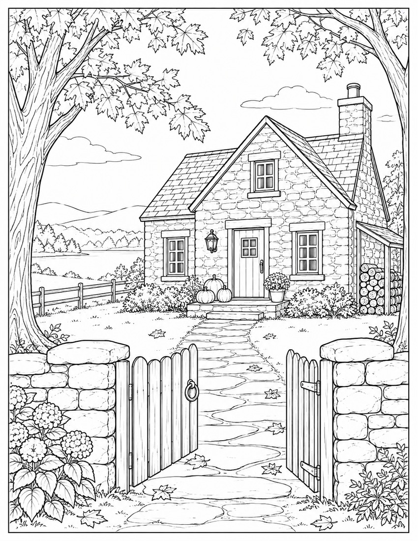 Stone cottage beneath autumn maples coloring page