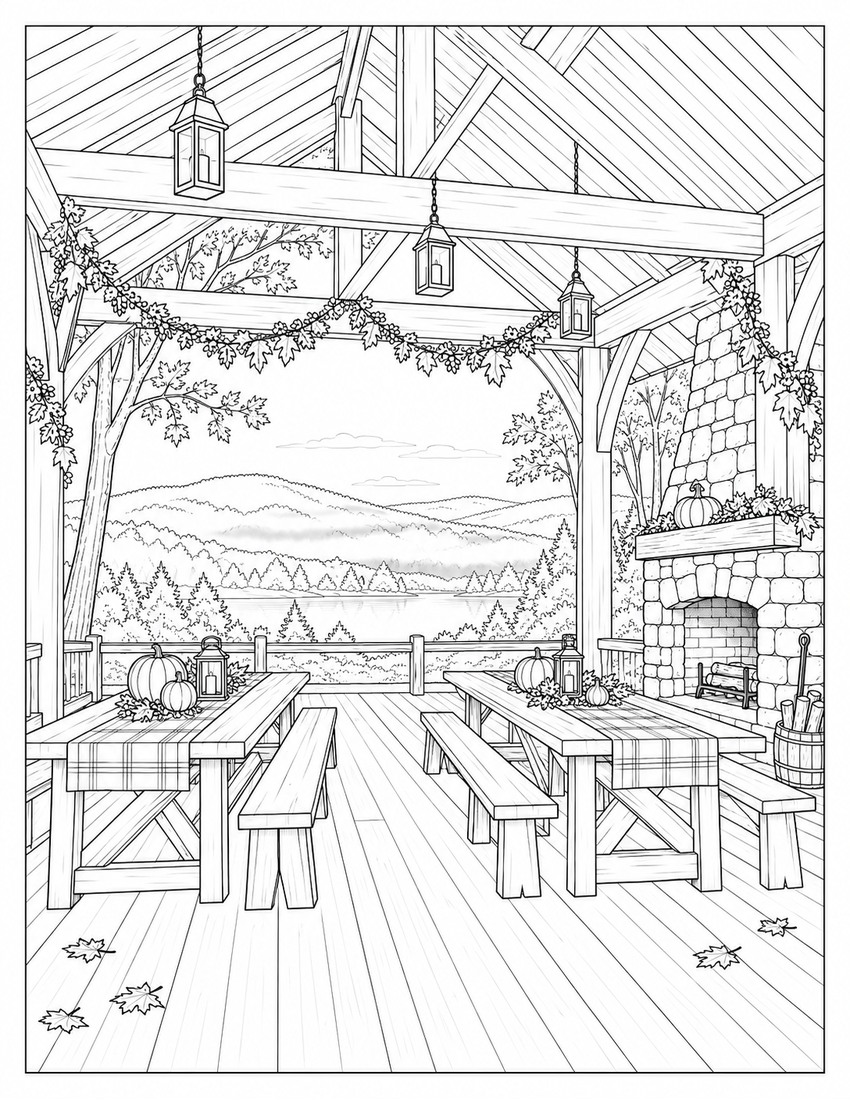 Covered autumn picnic pavilion coloring page