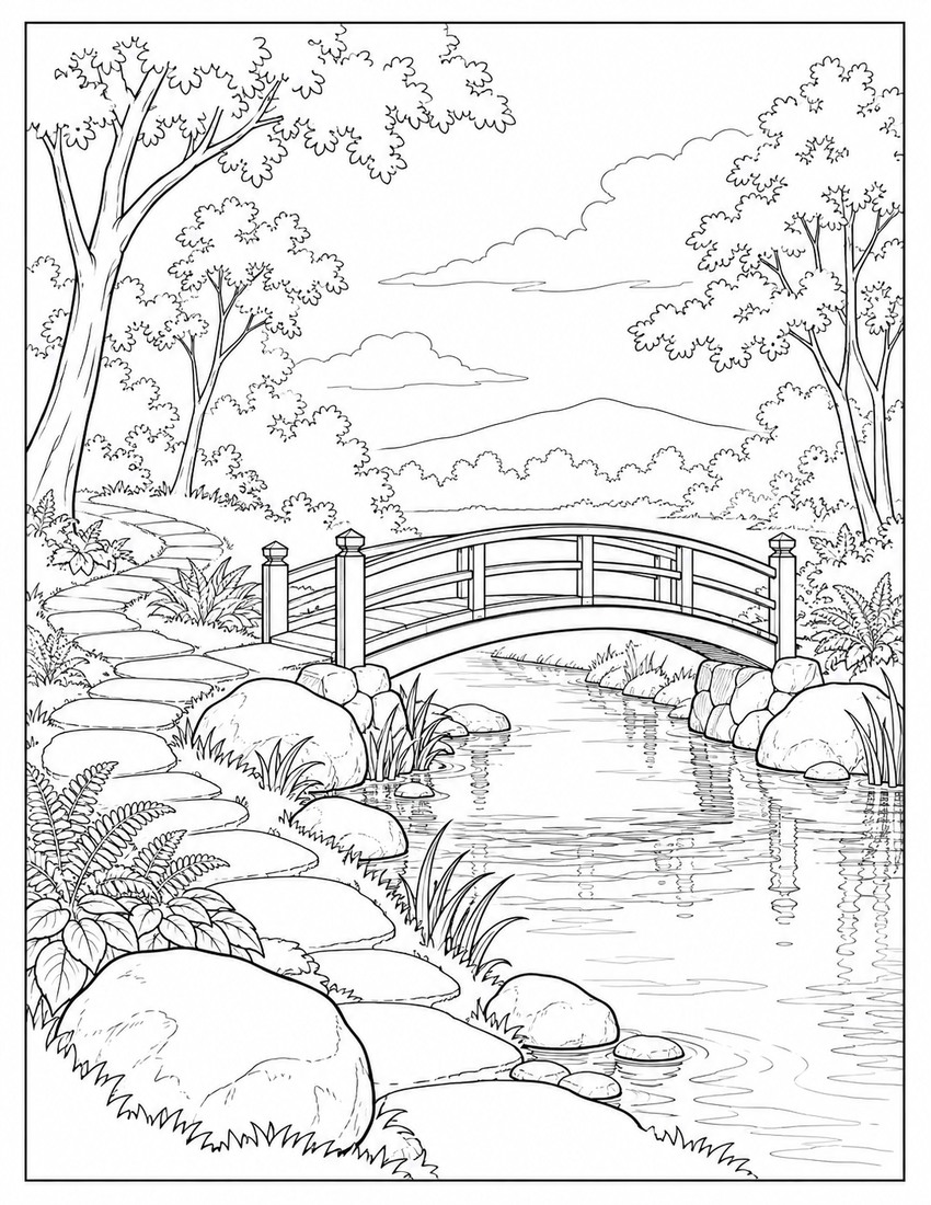 Woodland garden bridge coloring page