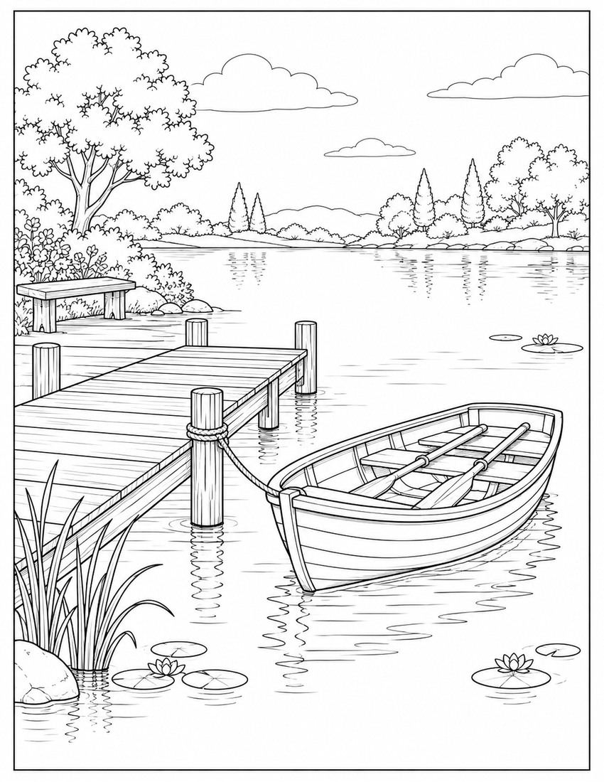 Peaceful pond garden dock coloring page