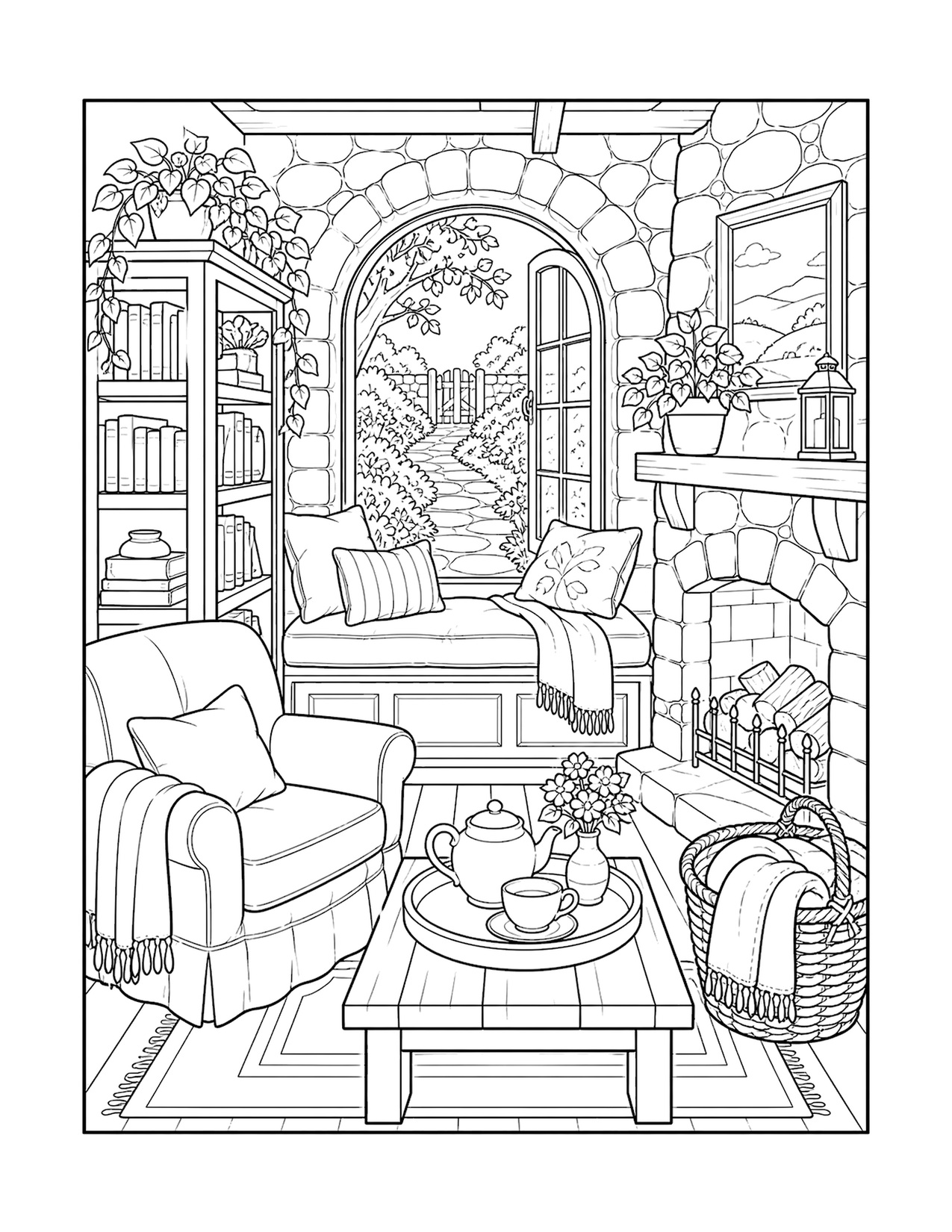 Free printable adult coloring page of a cozy fireside reading room