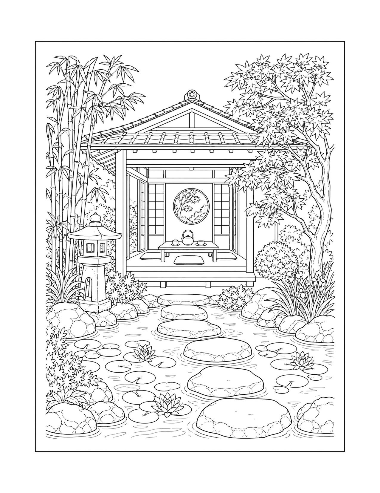 Free printable adult coloring page of a peaceful garden tea pavilion