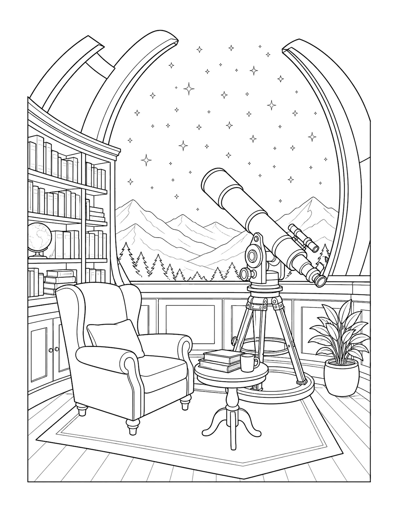 Free printable adult coloring page of a quiet observatory beneath the stars