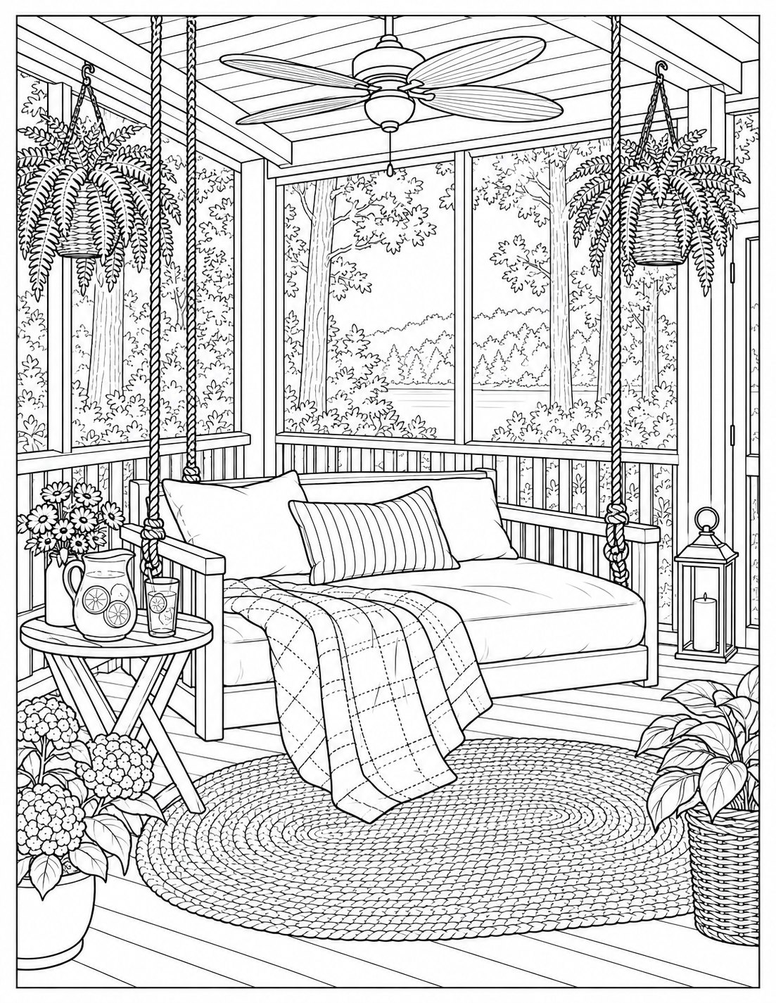 Cozy porch swing room coloring page with plants and a lake view