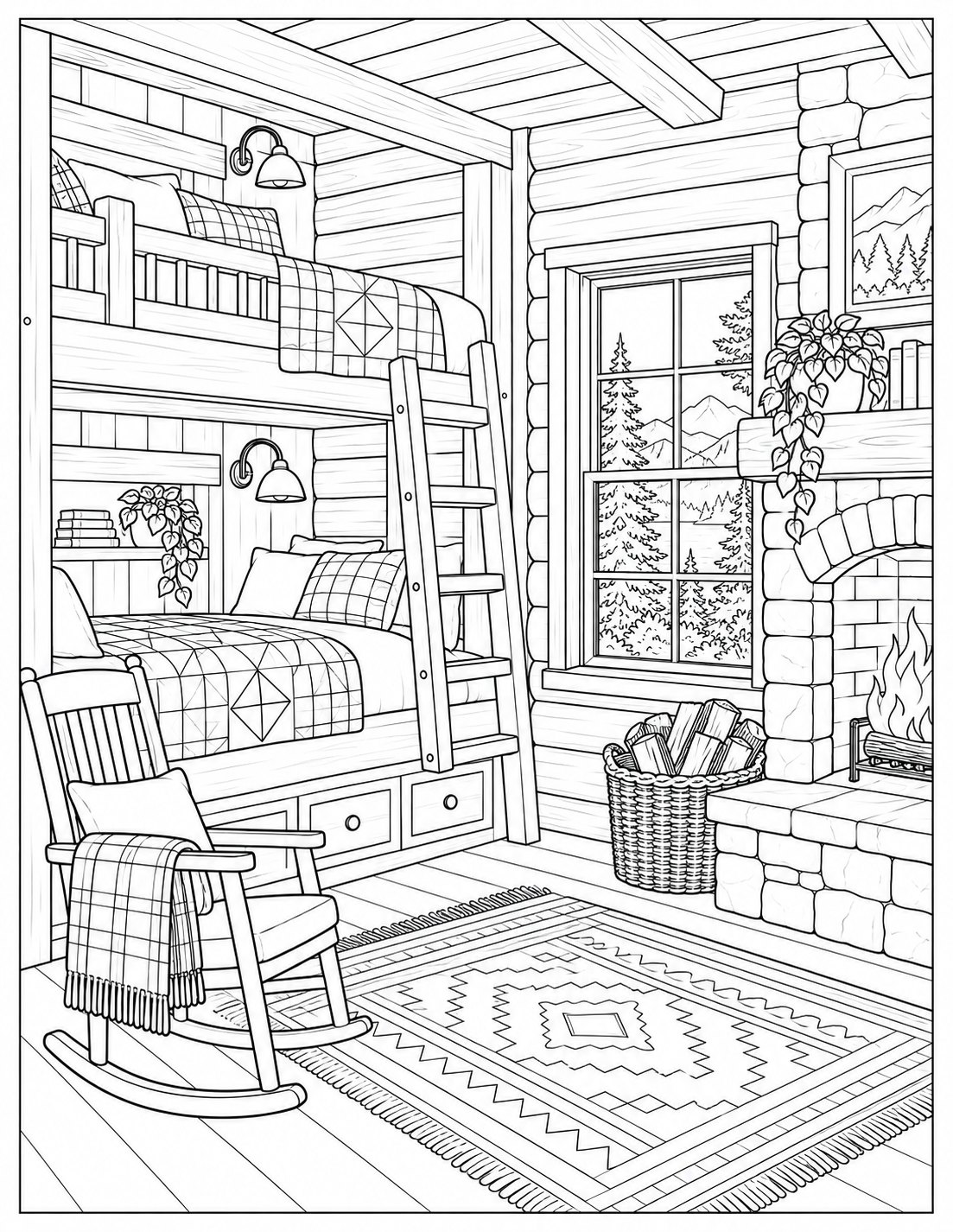 Warm cabin bunk room coloring page with a fireplace and rocking chair