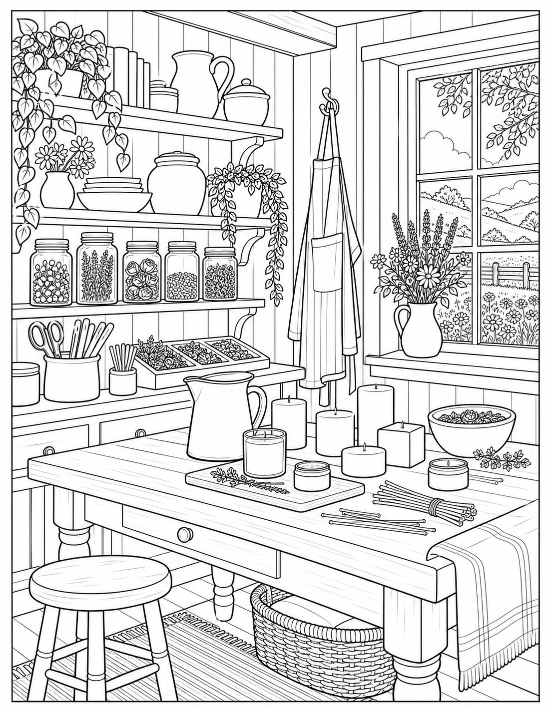 Candle-making room coloring page with shelves, plants, and a country view